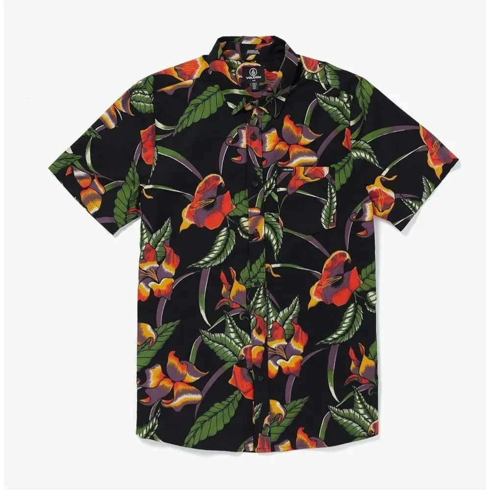 Volcom NWT Varkala Floral Woven Short Sleeve Button Down Shirt Black XL_2